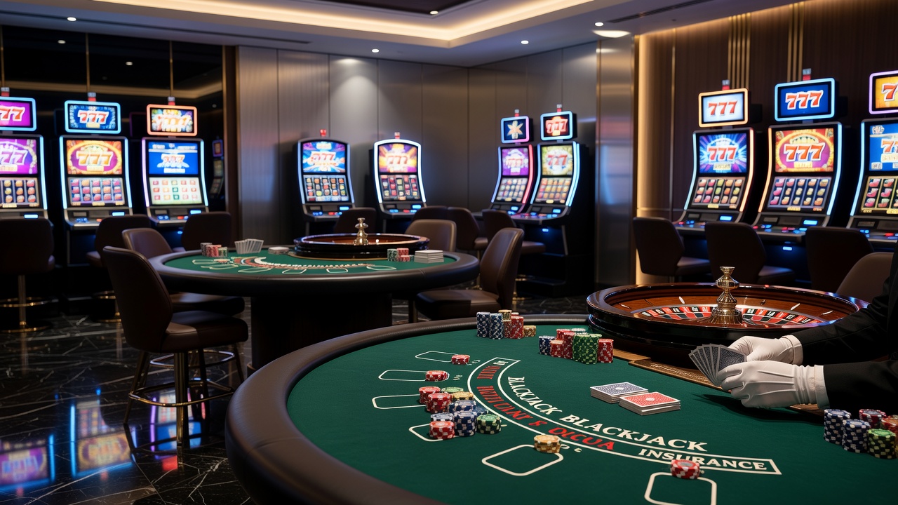 Classic casino floor with roulette tables and slot machines in a bustling environment