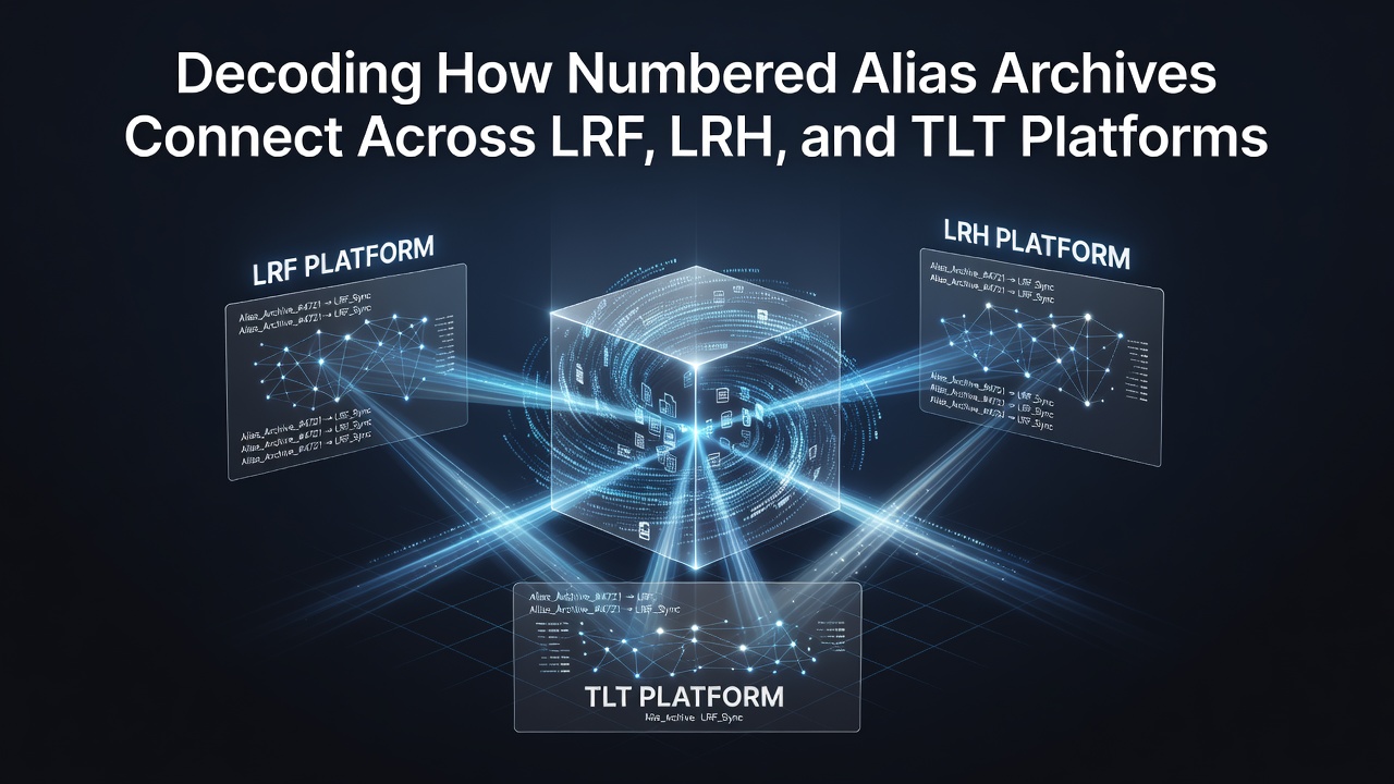 Visual representation of numbered alias archives linking LRF, LRH, and TLT platforms through interconnected data flows
