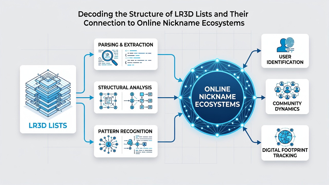 Illustration of online nickname ecosystems with nodes representing LR3D list integrations and community data exchanges
