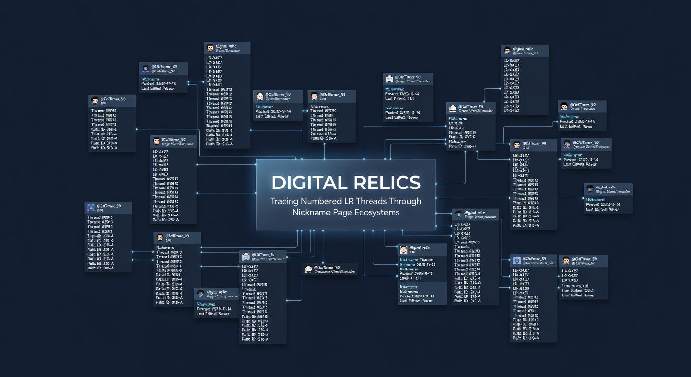 Visualization of a nickname page ecosystem mapping connections between multiple numbered LR threads in a Lineage 2 forum archive