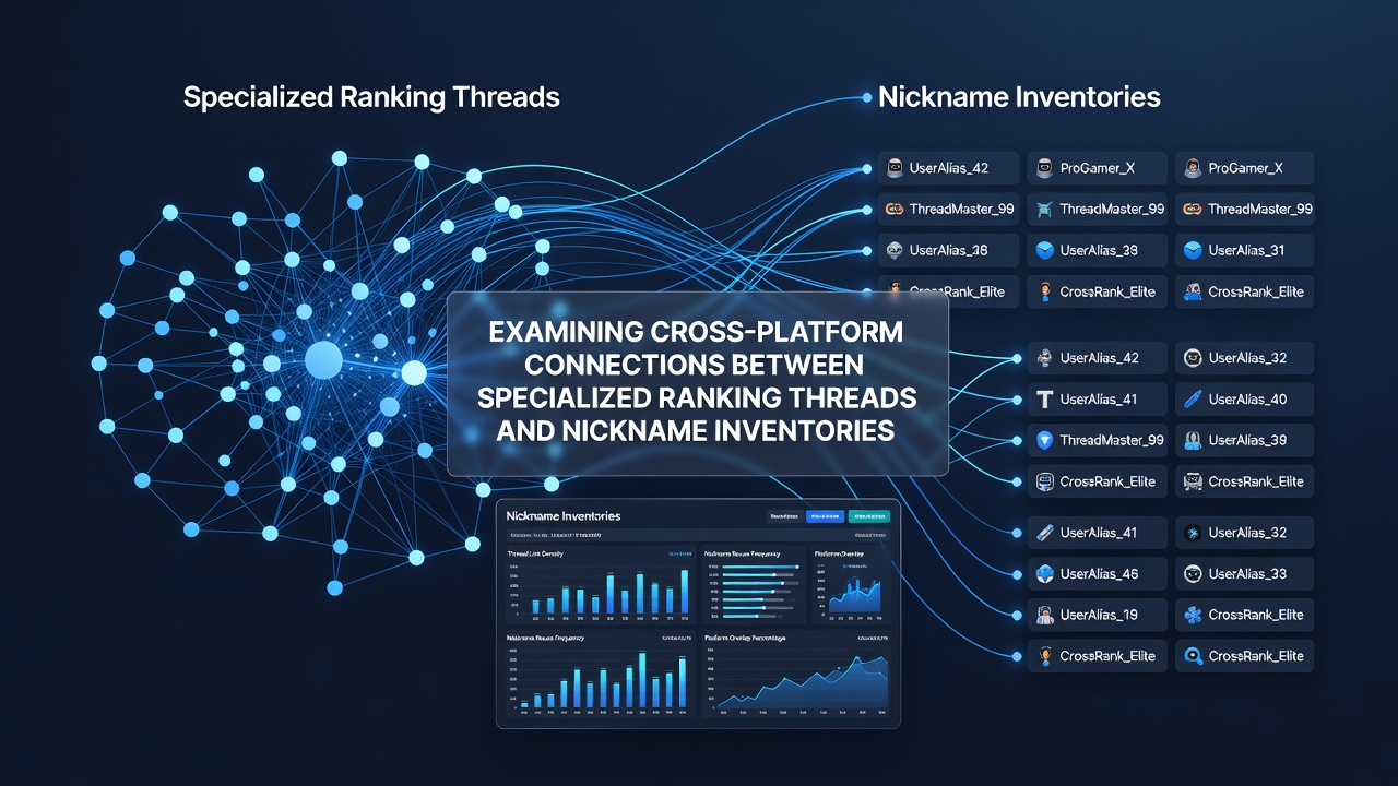 Diagram showing connections between forum ranking threads and nickname inventory databases across multiple digital platforms