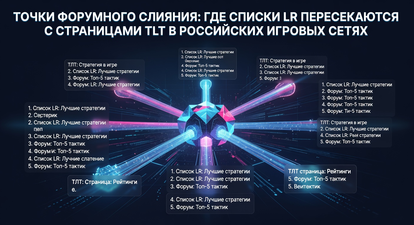 Visual map of interconnected forum threads showing LR lists merging into TLT pages within a Russian gaming network interface