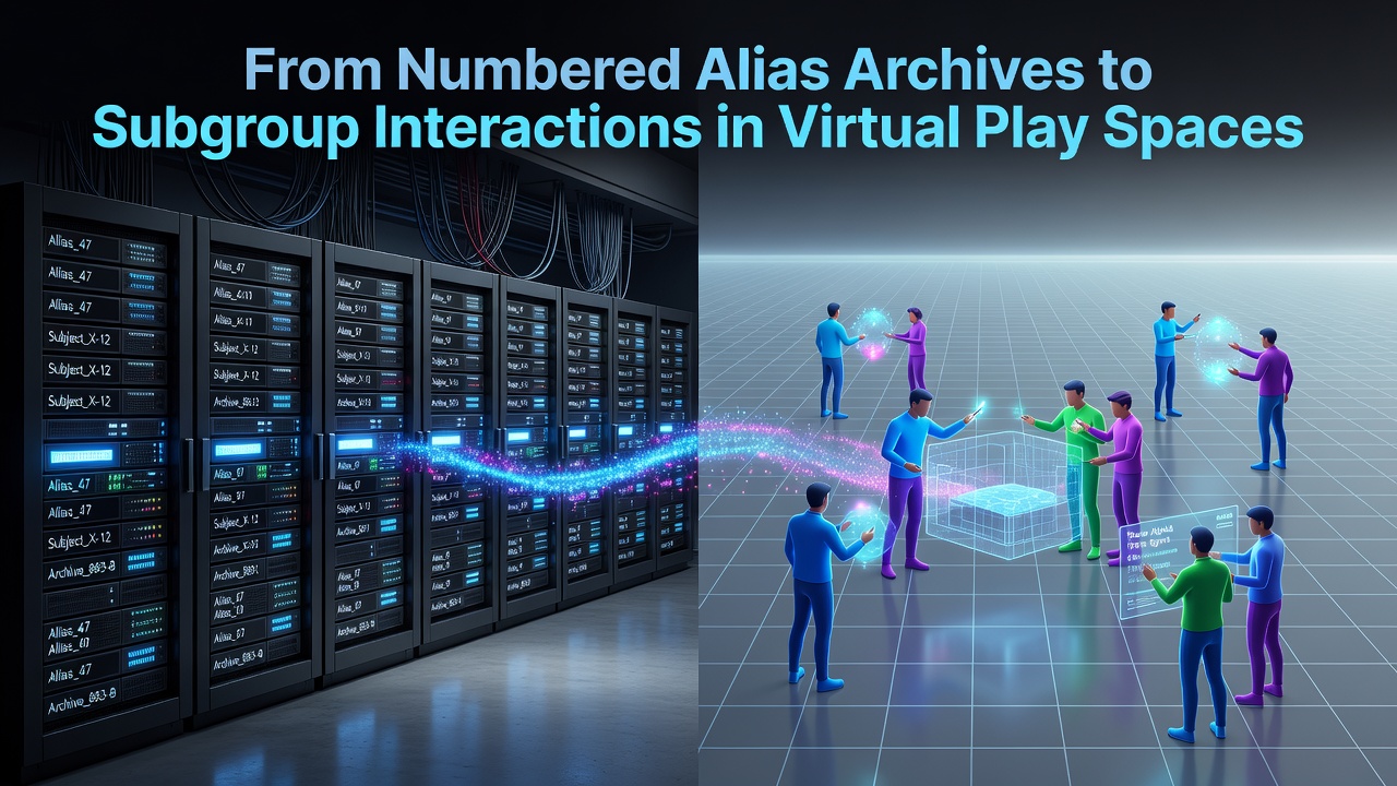 Historical screenshot showing numbered alias lists from early online gaming archives transitioning into dynamic virtual community interfaces