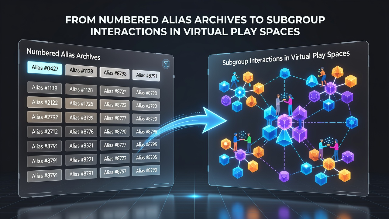 Illustration of modern virtual play space showing interconnected subgroups with alias profiles and interaction maps overlaid on a digital environment