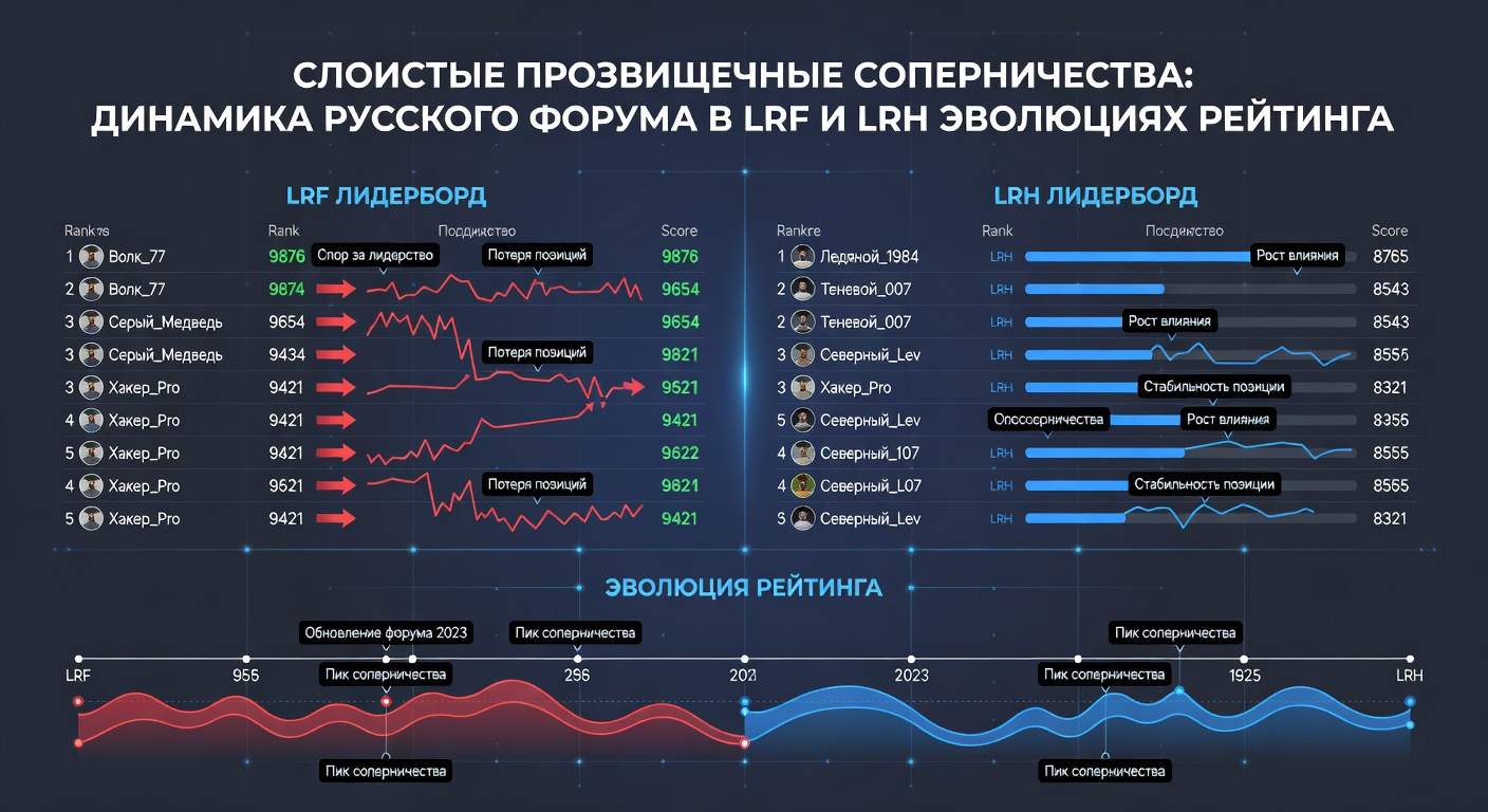 Close-up of an LRH leaderboard displaying evolved layered nicknames, with Russian players' rival tags clashing in a high-stakes ranking battle