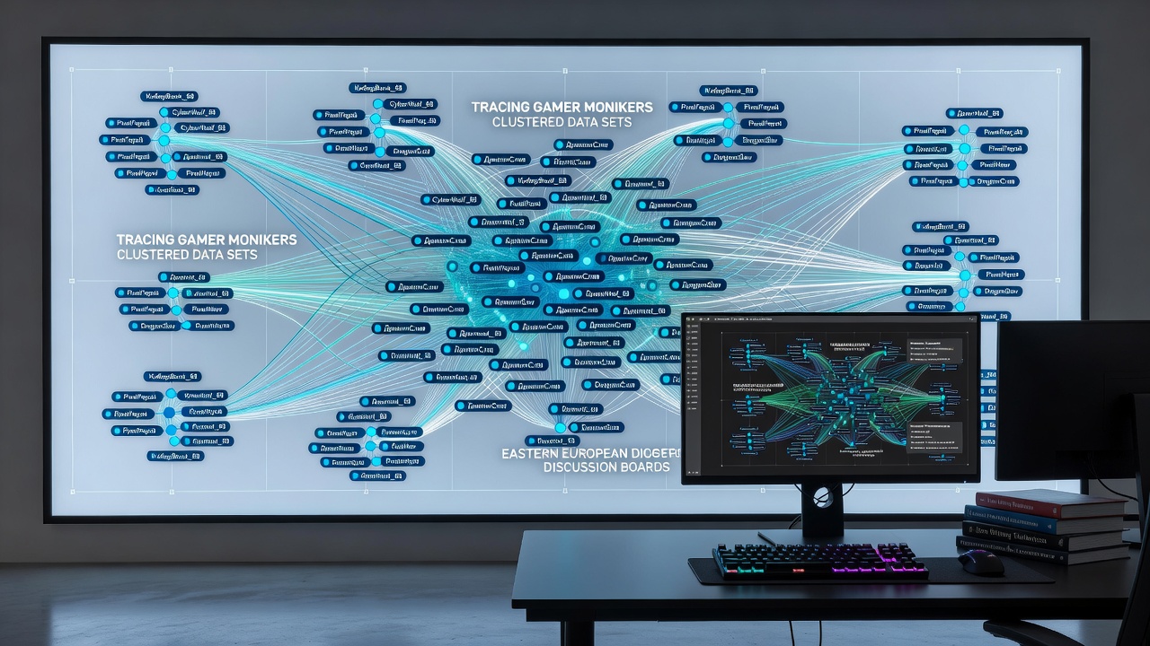Network graph illustrating connections between clustered gamer aliases from multiple Eastern European regions